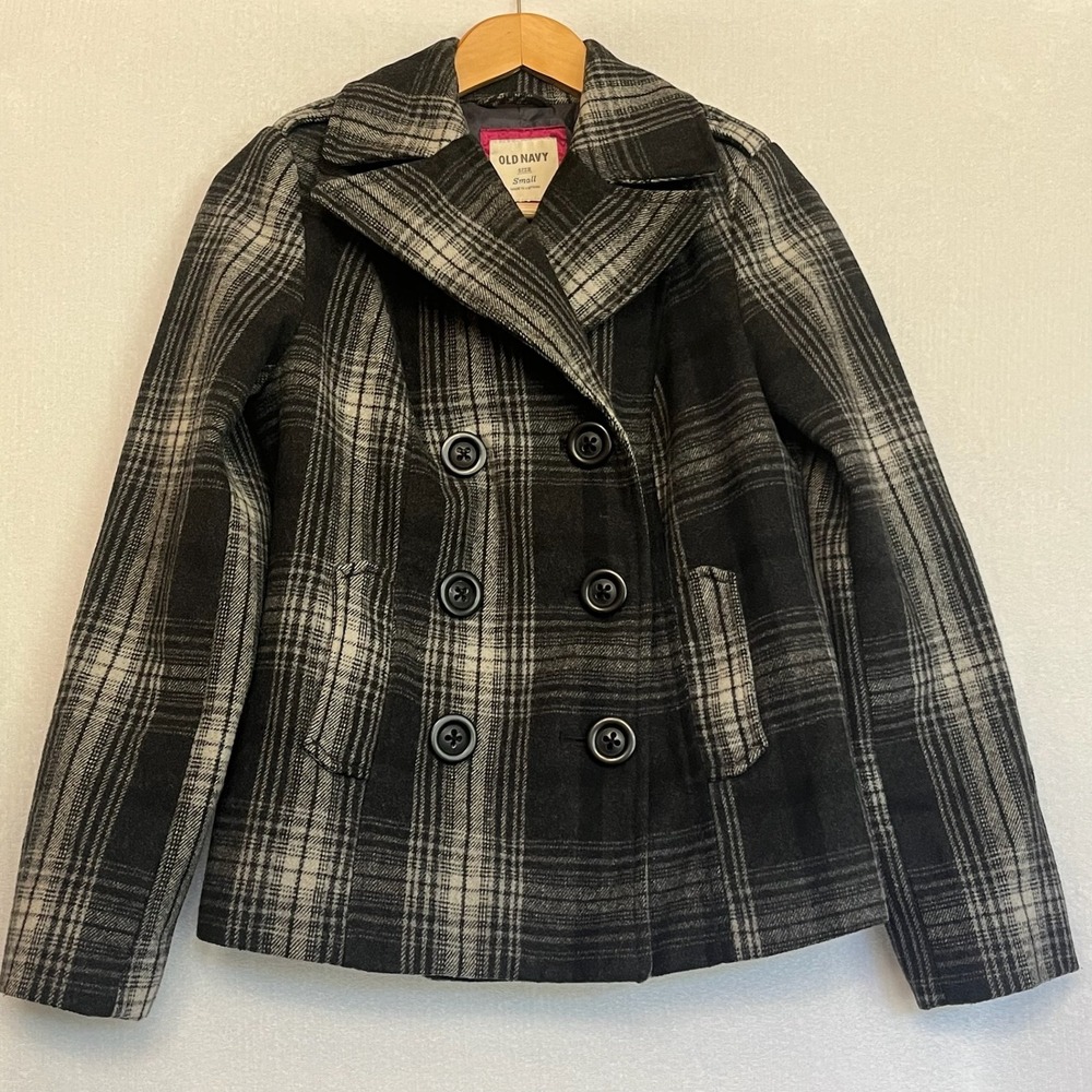 Old Navy Plaid Peacoat Blazer Jacket Womens Black Gray Double Breasted Coat Sm